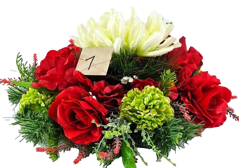 Casa-Poador Grabschmuck rotcreme Rosen Chrysantheme Seidentanne Kunstblumen Herz