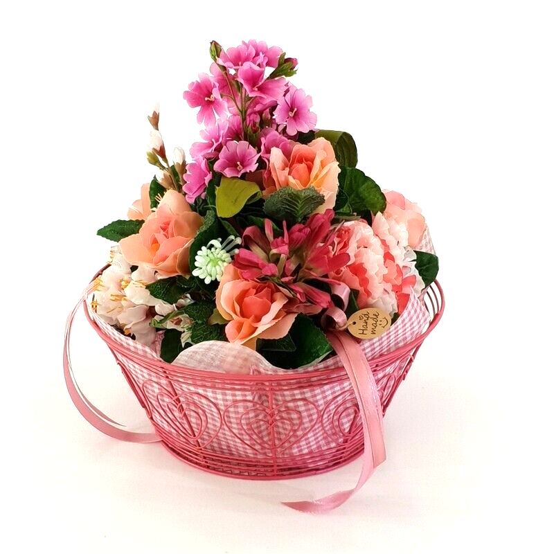 Gesteck im Metallkorb Primel Rosen Gerbera Rosa Kunstblumen Frühling