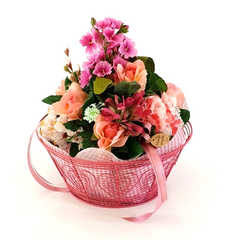 Gesteck im Metallkorb Primel Rosen Gerbera Rosa Kunstblumen Frühling