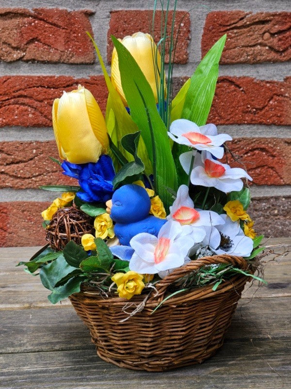 Casa-Poador Gesteck im Korb Tulpen Osterglocken Krokus Kunstblumen Frühling Deko