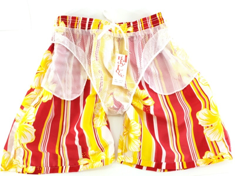 Shorts Badehose L / XL Lotus Shorts geblümt gestreift Gelb Rot Weiß Freizeit