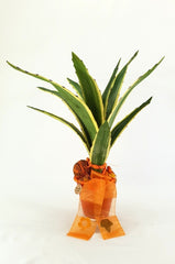 Gesteck Kunstblumen Topf rund Orange Sanseverie Topfblume künstlich Geschenk