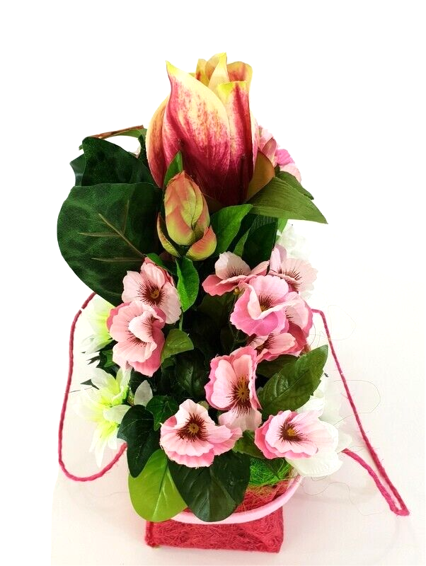 Gesteck Seide Rosa Weiß Kunstblumen Sisaltasche Frühling Magnolie Figuren 32 H