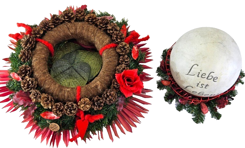 Grabschmuck Exoten Mix Rot Natur gefärbt Kugel Kranz Allerheiligen Totensonntag