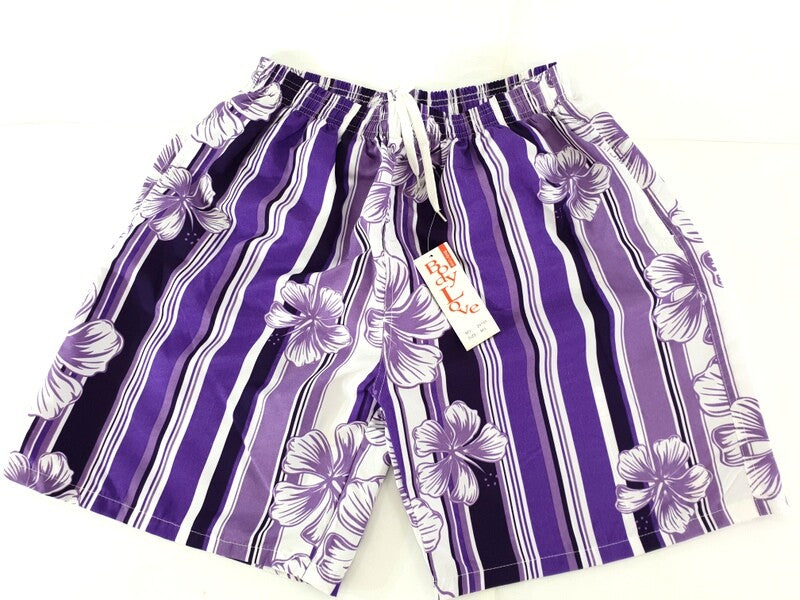 Badehose Badeshorts M / L Lotus Shorts geblümt gestreift Lila Weiß Freizeit