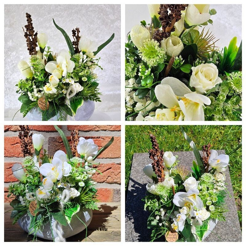 Casa-Poador Herzgesteck künstlich Beton Weiß Creme Grau Kunstblumen 20 cm H Herz