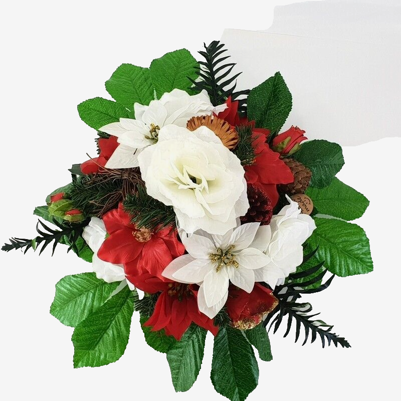 Casa-Poador Grabgesteck Schale Rot Weiß Weihnachtsstern Rosen Kunstblumen Zapfen