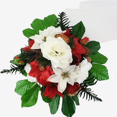 Casa-Poador Grabgesteck Schale Rot Weiß Weihnachtsstern Rosen Kunstblumen Zapfen