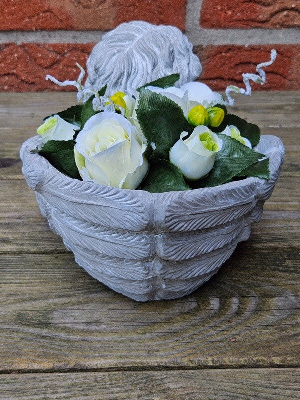Casa-Poador Gesteck künstlich in Engelschale Beton Weiß Grau Kunstblumen 14 cm H