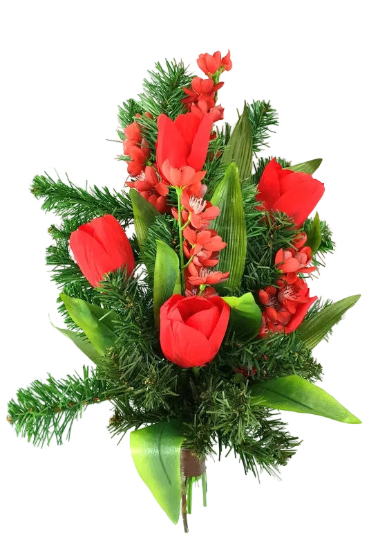 CASA - POADOR GRABSTRAUß flach zum legen Tulpen mit Tanne Kunstblumen Friedhof.