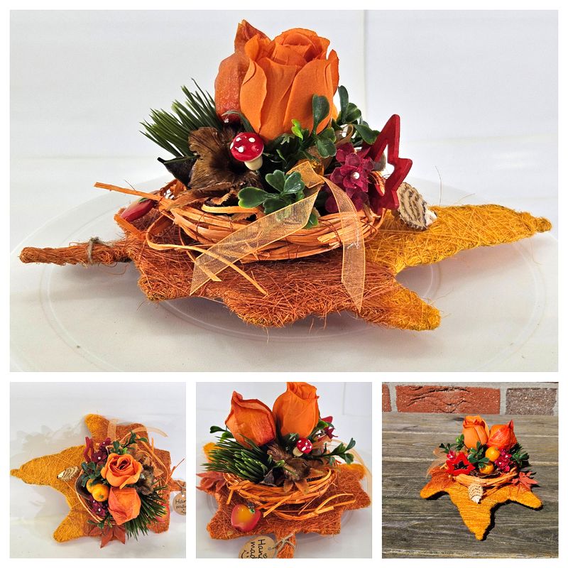 Casa-Poador Gesteck Sisalblatt Ahornblatt Physalis Rose Orange Rot Igel Apfel Pilz Holzblätter Herbst