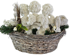 Casa-Poador Grabgesteck künstliche Blumen Korb Engelfiguren Weiß Grau Exoten Friedhof Gedenken