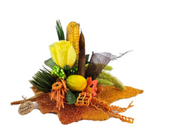 Casa-Poador Gesteck Sisalblatt Ahornblatt Mais Zitrone Gelb Orange Kürbis Apfel Pilz Holzblätter Herbst (Kopie)