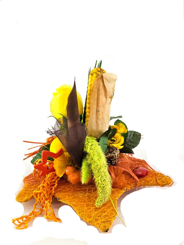 Casa-Poador Gesteck Sisalblatt Ahornblatt Mais Zitrone Gelb Orange Kürbis Apfel Pilz Holzblätter Herbst (Kopie)