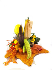 Casa-Poador Gesteck Sisalblatt Ahornblatt Mais Zitrone Gelb Orange Kürbis Apfel Pilz Holzblätter Herbst (Kopie)