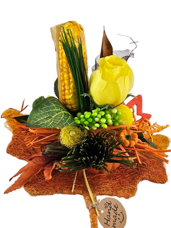 Casa-Poador Gesteck Sisalblatt Ahornblatt Mais Zitrone Gelb Orange Kürbis Apfel Pilz Holzblätter Herbst (Kopie)