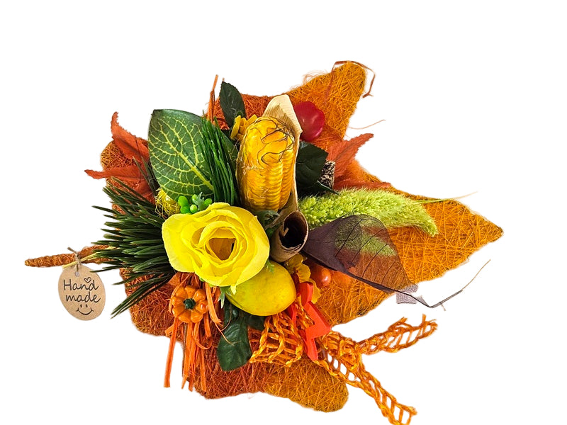 Casa-Poador Gesteck Sisalblatt Ahornblatt Mais Zitrone Gelb Orange Kürbis Apfel Pilz Holzblätter Herbst (Kopie)