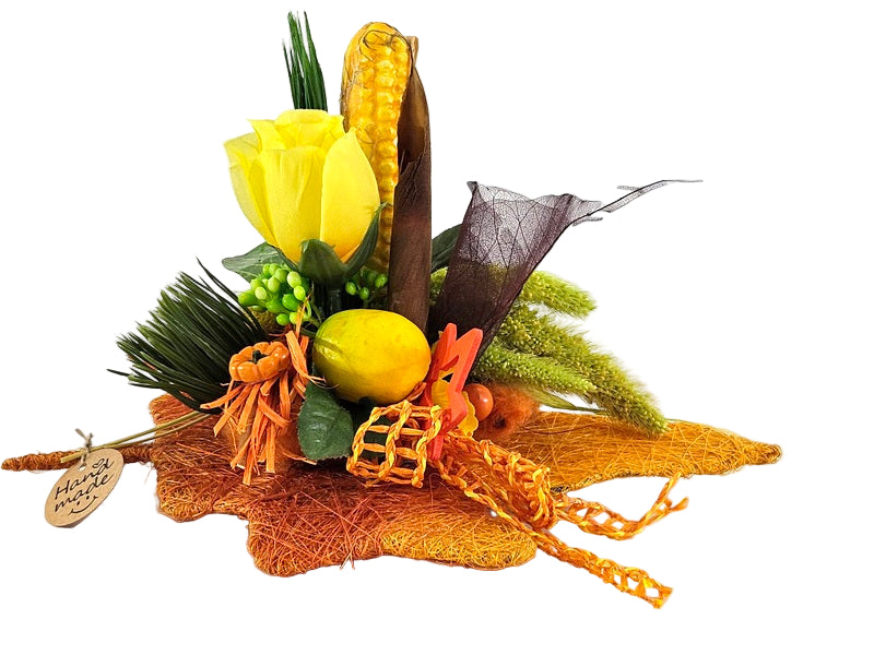 Casa-Poador Gesteck Sisalblatt Ahornblatt Mais Zitrone Gelb Orange Kürbis Apfel Pilz Holzblätter Herbst (Kopie)