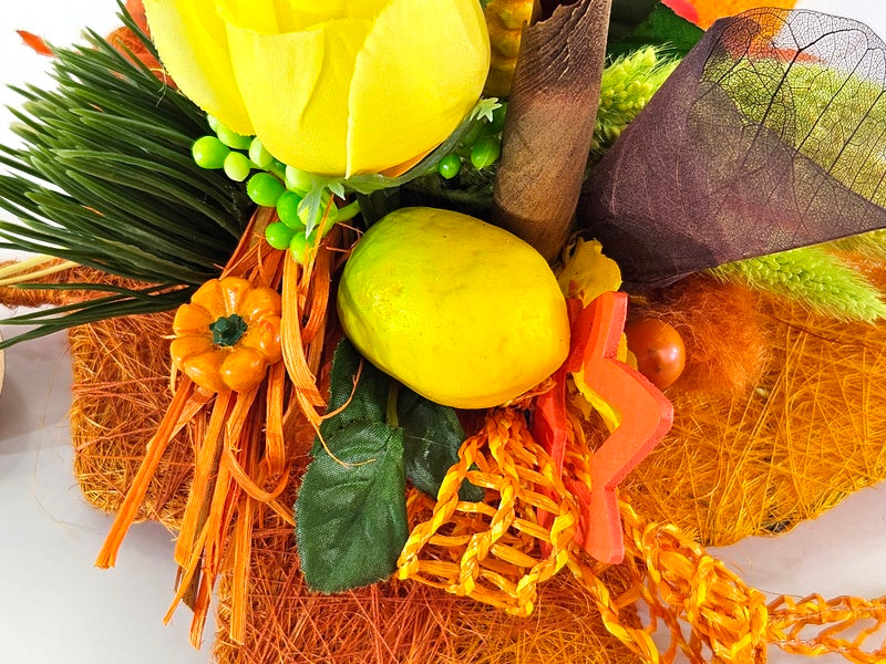 Casa-Poador Gesteck Sisalblatt Ahornblatt Mais Zitrone Gelb Orange Kürbis Apfel Pilz Holzblätter Herbst (Kopie)