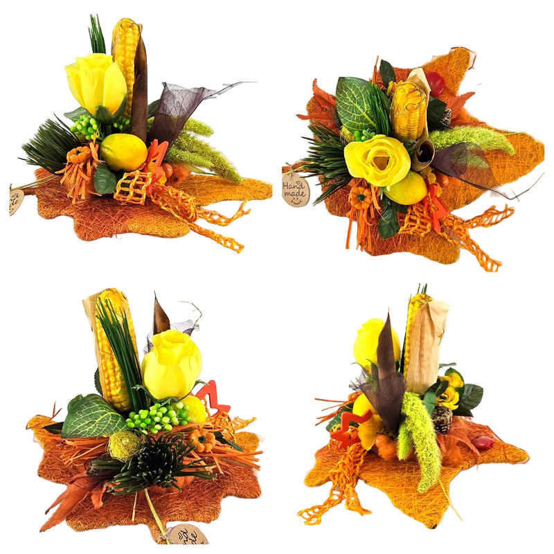 Casa-Poador Gesteck Sisalblatt Ahornblatt Mais Zitrone Gelb Orange Kürbis Apfel Pilz Holzblätter Herbst (Kopie)