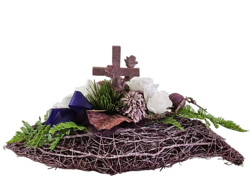 CASA - POADOR GRABSCHMUCK ellipse weise Rose Kreuz künstliche Tanne Friedhof