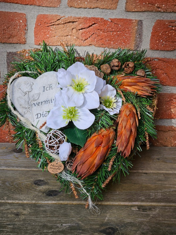 CASA - POADOR GRABSCHMUCK Herzform Christrosen Weiß Gedenkplatte Rose.