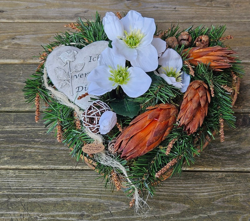 CASA - POADOR GRABSCHMUCK Herzform Christrosen Weiß Gedenkplatte Rose.