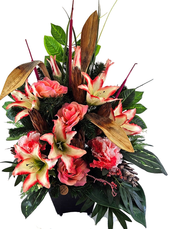 CASA-POADOR Grabschmuck Grabgesteck Rosa Lilien Proteen Schilffkolben Allerheiligen Friedhof Gedenken