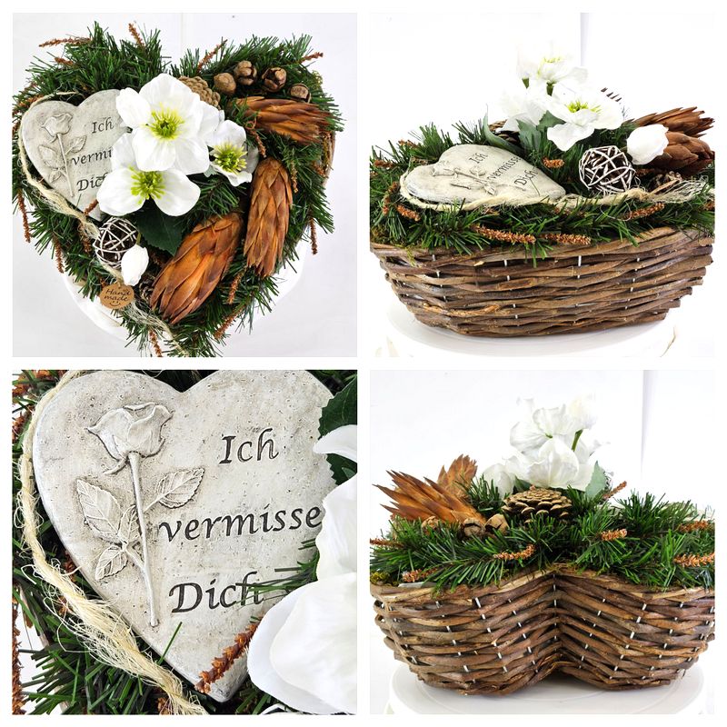 CASA - POADOR GRABSCHMUCK Herzform Christrosen Weiß Gedenkplatte Rose.