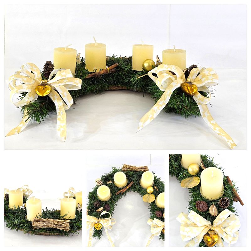 CASA - POADOR ADVENTSKRANZ künstliche Tanne 35 Ø halbrund Creme Gold Natur Advent Geschenk.