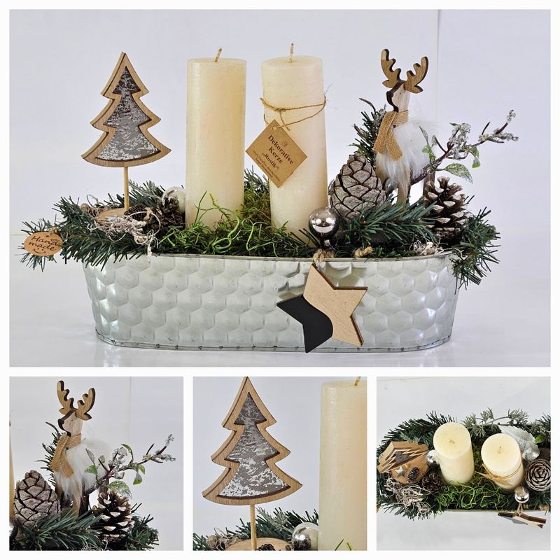 CASA - POADOR WEIHNACHTSGESTECK Silber Natur Kerzen Elch Deko.