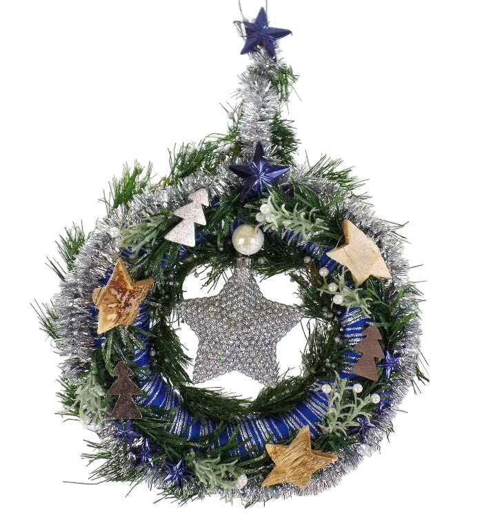 TÜRKRANZ BLAU SILBER Wandkranz Stern künstlich 25 cm Sterne Tannenbäume