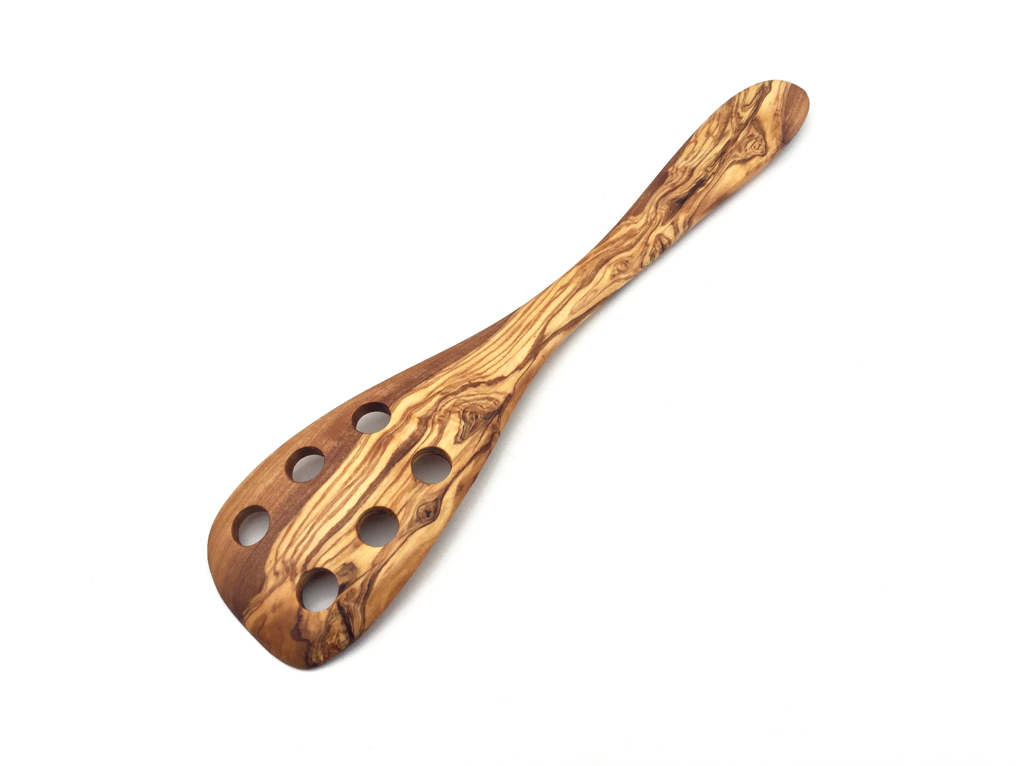 Pfannenwender Olive  breiter Griff gebogen handgemacht Olivenholz - Mit Löchern.