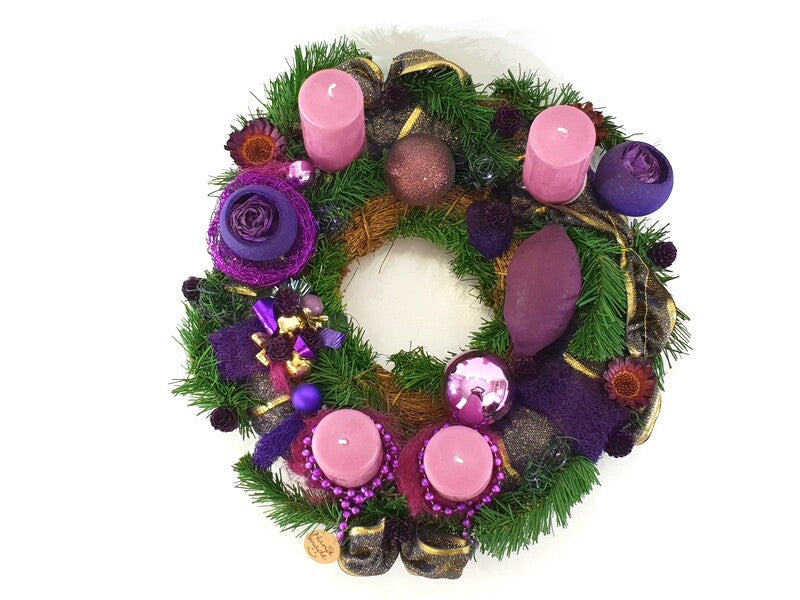 ADVENTSKRANZ künstliche Tanne 40 cm Lila Gold Kerzen Kugeln Sterne Advent