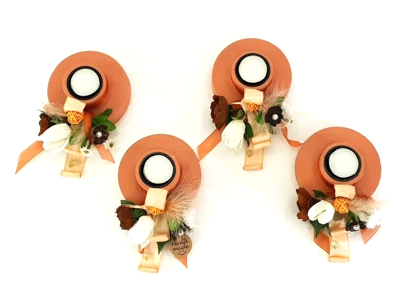TEELICHTHALTER GILDE Holz Rund 4 Stück Terracotta Optik Kerzenhalter dekoriert