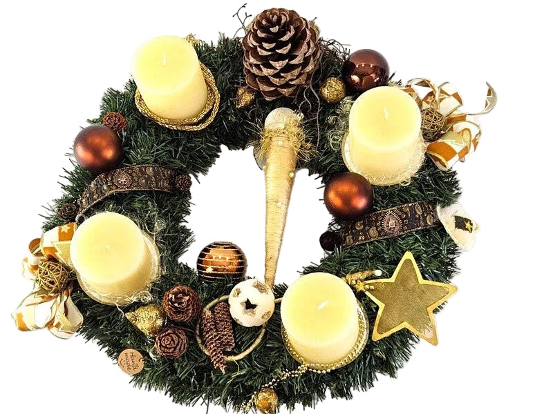 CASA - POADOR ADVENTSKRANZ Creme Braun künstliche Tanne 45 cm Rustic Kerzen Kugeln