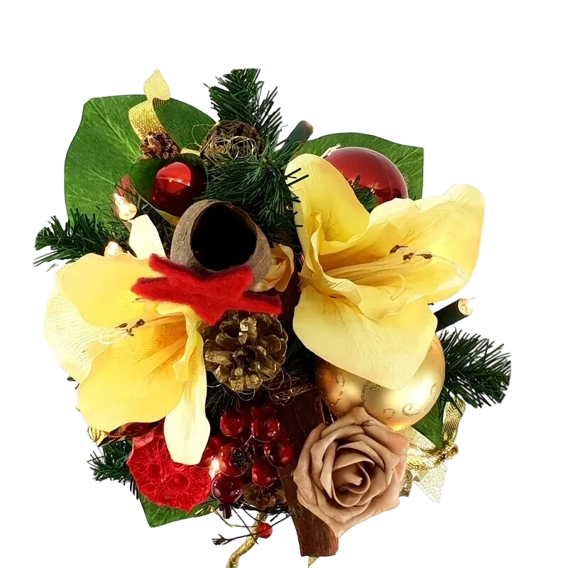 WEIHNACHTSSTRAUß AMARYLLIS creme rot künstlich Lichterkette Sterne Kugeln