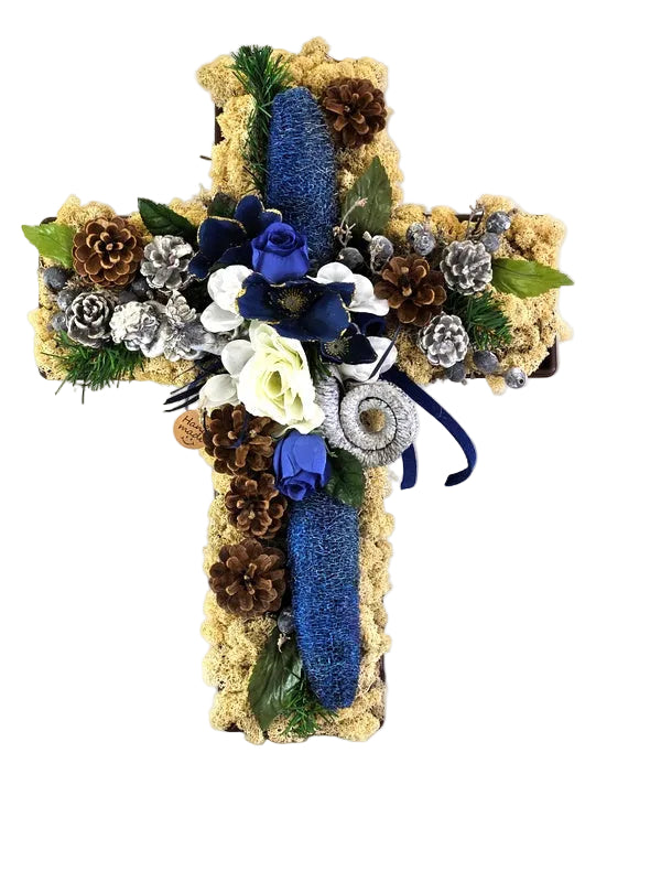 CASA - POADOR GRABSCHMUCK Grabgesteck Kreuzform  mit blauen Christrosen, Zapfen, Engel für Friedhof zum Gedenken.