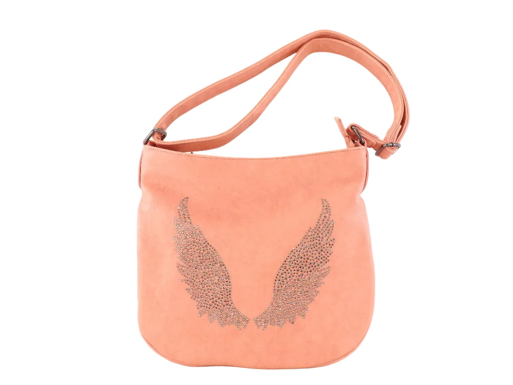 SCHULTERTASCHE FLÜGEL MOTIV Rose Damentasche silberfarbene Steine