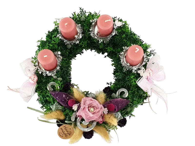 CASA - POADOR ADVENTSKRANZ künstliche Thuja altrosa mini Kerzen Zapfen Lagurus