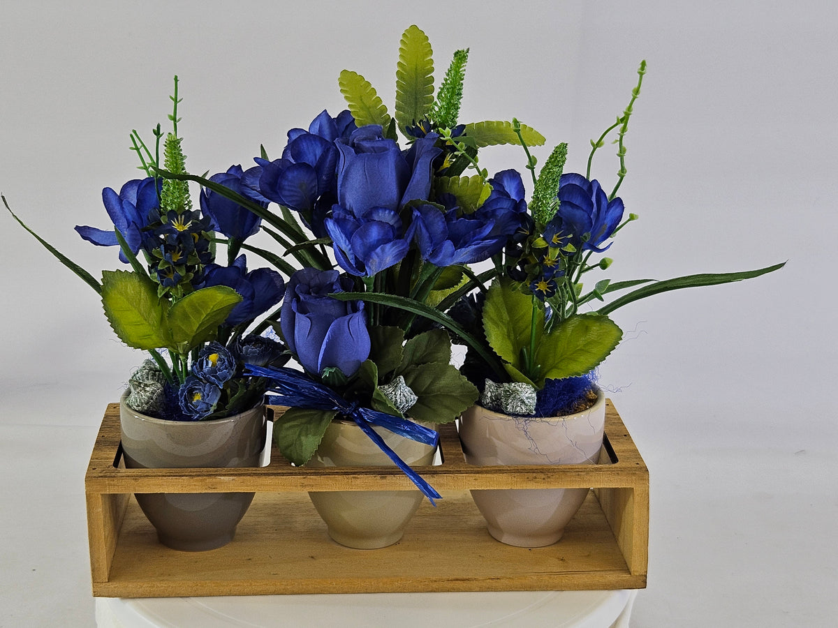 CASA - POADOR BLUMENGESTECK Blau in Holzkästchen Kunstblumen Deko Geschenk
