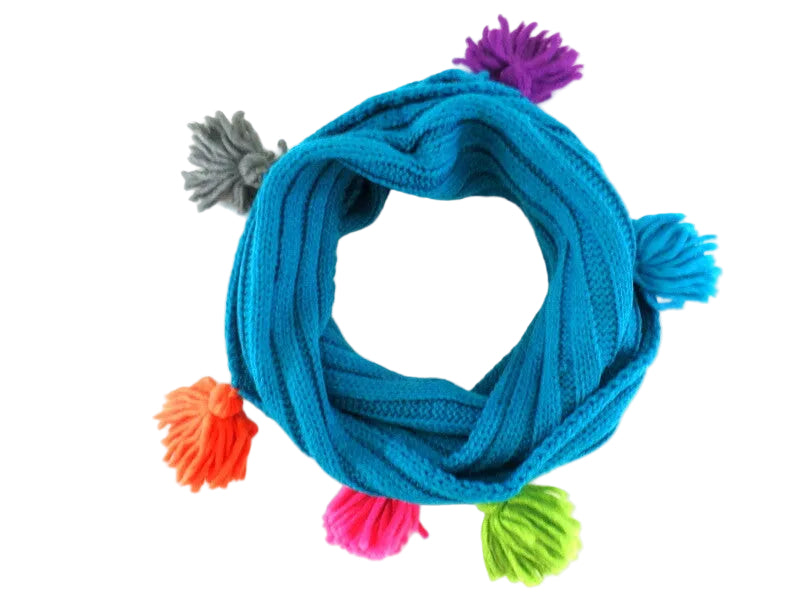 SCHAL RUNDSCHAL QUASTEN Loop Wickelschal Türkis gestrickt Polyester 70 x 25 cm