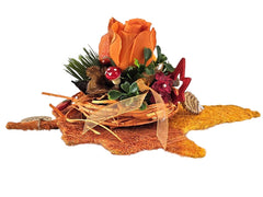 Casa-Poador Gesteck Sisalblatt Ahornblatt Physalis Rose Orange Rot Igel Apfel Pilz Holzblätter Herbst