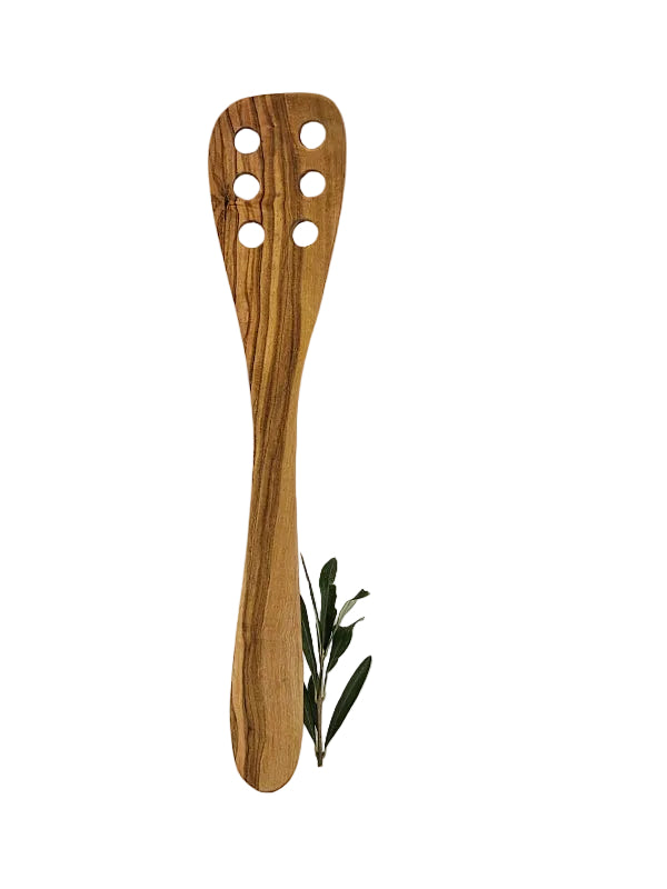 PFANNENWENDER OLIVE breiter Griff gebogen handgemacht Olivenholz - Mit Löchern