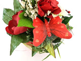 Gesteck Seide Grün Weiß Rot Sisalherz Rose Kunstblumen Schmetterling Dekoration